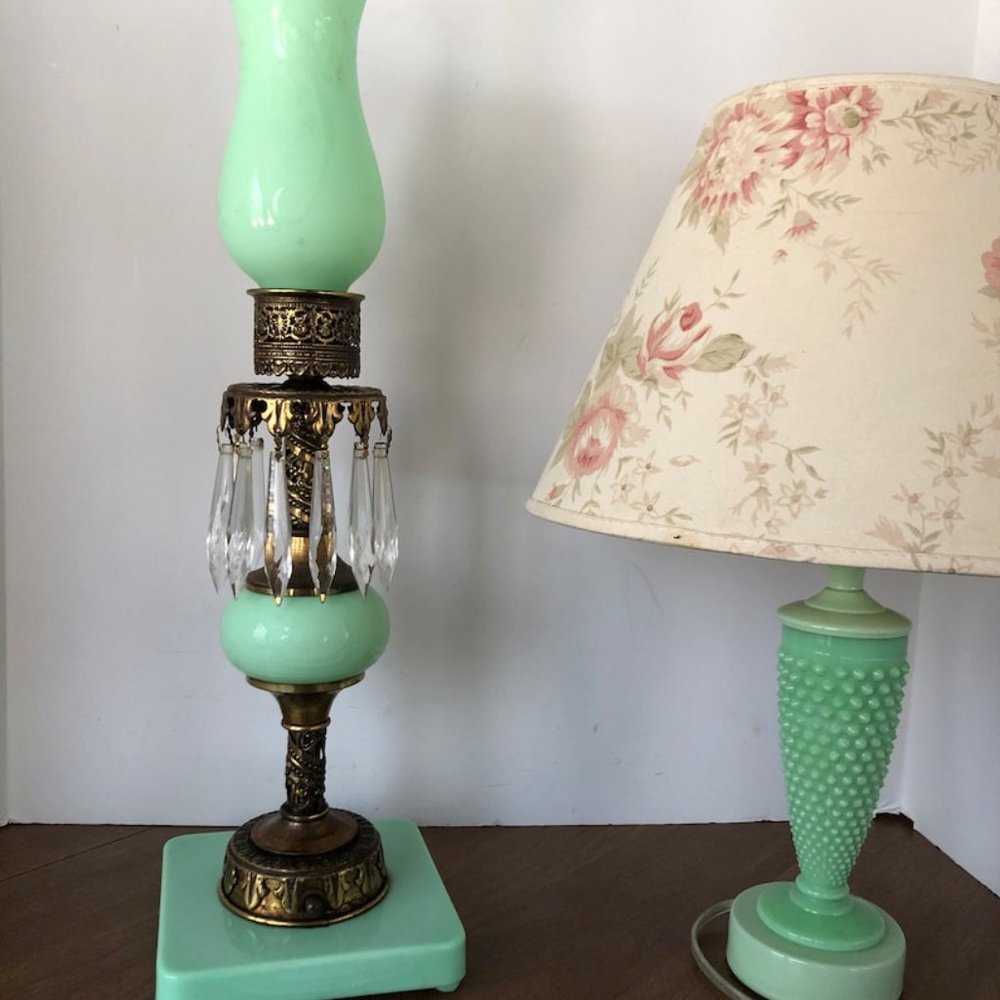 Rare Jadeite Lamp. Incredible Art Deco Peacock Jefferson Glass Company Lamp Jade